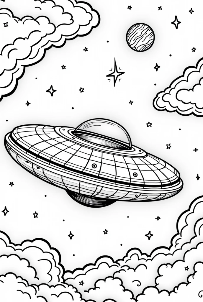 Black and white flying saucer coloring page