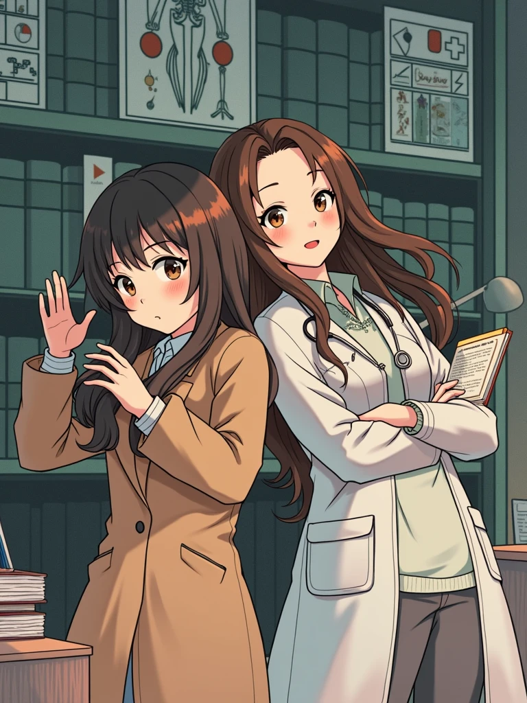Can you create an image for me where two girls appear with the same physical features as the girl in the photo, only one is dressed as a doctor and the other is studying?