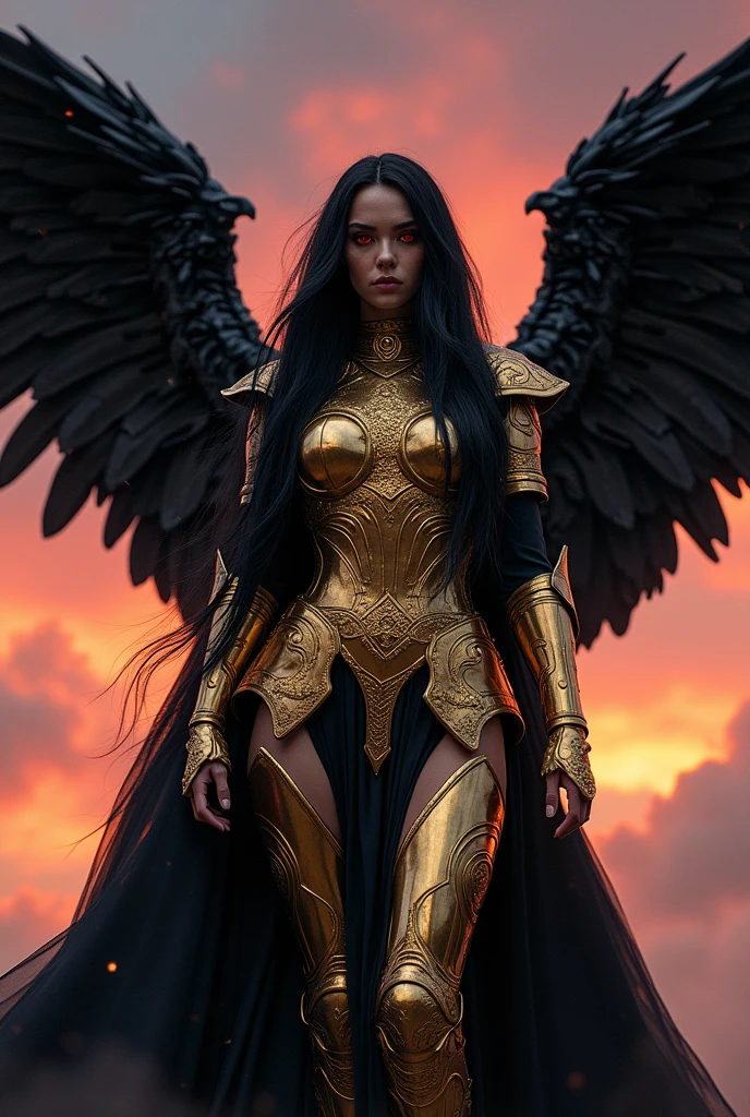 A woman wearing golden armor, his eyes glow red, long black hair,big chested, big ass,expressionless face, bibir sexy,big black wings 