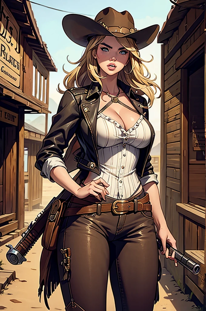 Kate Upton, cowboy clothes, holding a revolver, wild west town.