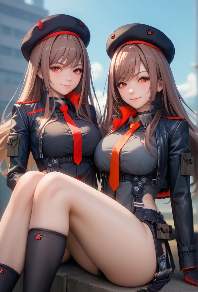 Lapidev, Red eyes, Brown Hair, Long Hair, bangs, beret, Black jacket, Cropped jacket, Red tie, gloves, Black Shirt, 
Knee socks,9,score_8_superior,score_7_superior,masterpiece,最高quality,Perfect Anatomy,so beautiful,Official Art,8k,Shiny_skin,fair_skin,white_skin、Thighs:1.4,Large Breasts:2.2,,choker、Squat、The body is facing forward、Symmetrical, Blushing, smile, High resolution, Anatomically correct, 最高quality, High-resolution model, High detail, quality, 高quality, Ultra high definition, Very detailed, 質感のあるskin, Gaze, Spreading her legs