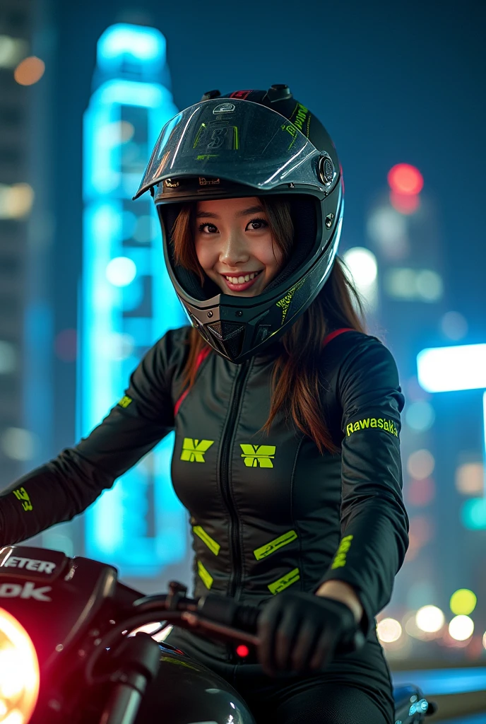 very beautiful Japanese high school girl, about to Ride on a off-road motorcycle, at off-road racing course at night, amazing view of skyscrapers, dramatic scene, masterpiece, (face focus:1.3), clear helmet visor, (beautiful eyes:1), Kawasaki off-road bike, micro computer integrated cyber punk Shoei helmet, (wearing a cyber punk off-road rider's outfits), dynamic angle, acrobatic pose, (showing a beautiful face with smile)