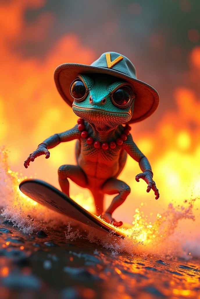 chameleon, surfing clothes, glasses, hat with V, V-neck collar, a V-shaped fire board, the background of the image fire without water