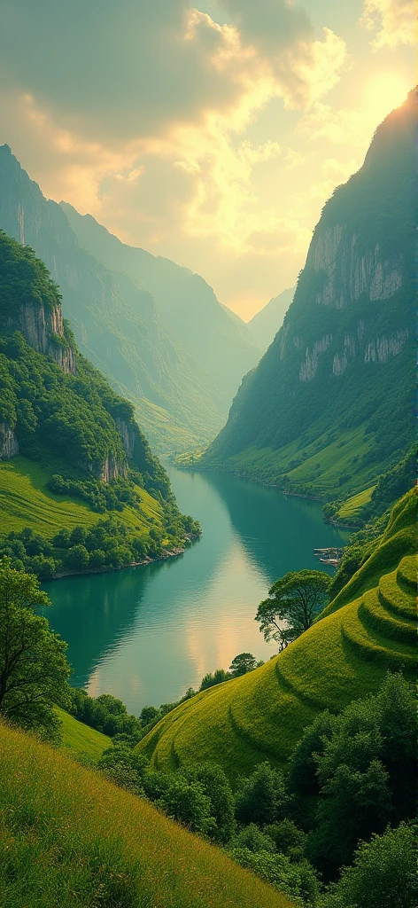 a beautiful peaceful scenic landscape, rolling green hills, lush vegetation, serene lake, reflection of mountains in water, golden sunlight, warm soft lighting, vibrant colors, highly detailed, photorealistic, 8k, award winning, masterpiece