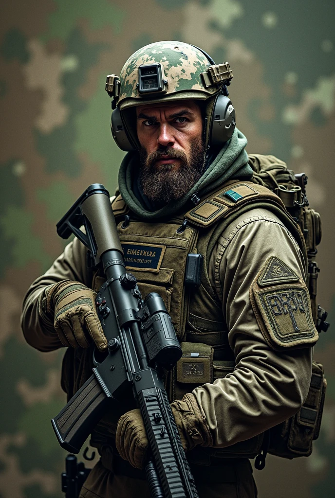 Hexagonal rubber patch , Airsoft crest , with the name Lukinha airsoft using m4 rifle weapon , Camouflage background , operator with small beard