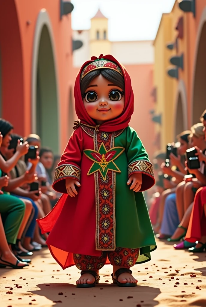 Cute Morocco flag emoji wearing traditional Berber costume and traditional hat in a realistic full body fashion show