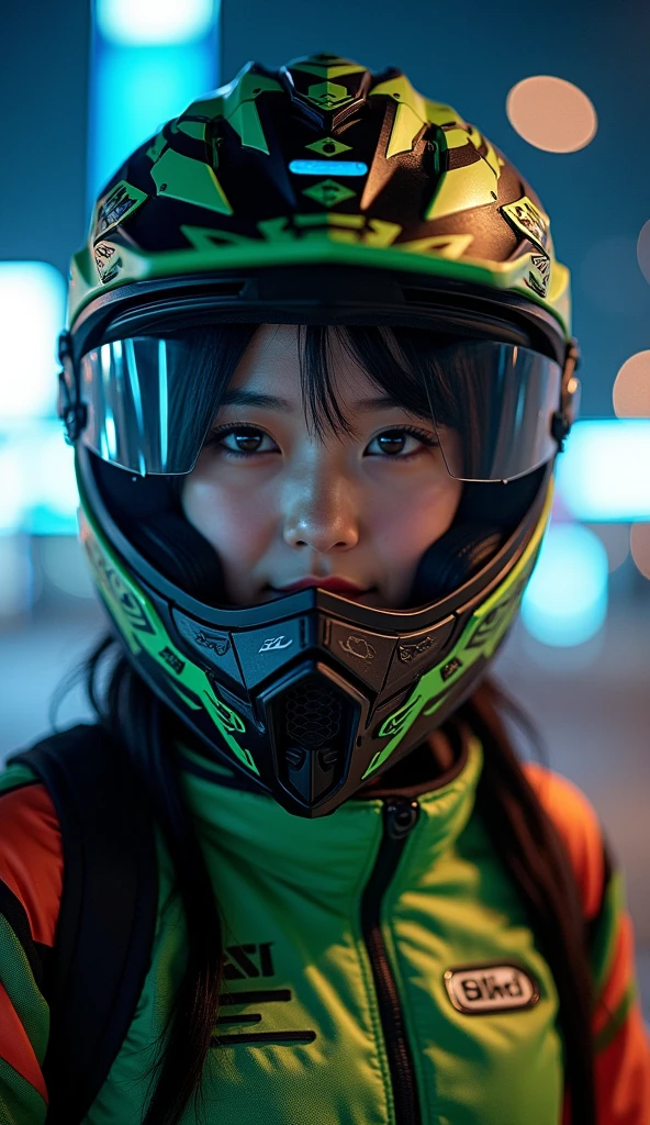 very beautiful Japanese high school girl, about to Ride on a off-road motorcycle, at off-road racing course at night, amazing view of skyscrapers, dramatic scene, masterpiece, (face focus:1.3), clear helmet visor, (beautiful eyes:1), Kawasaki off-road bike, micro computer integrated cyber punk Shoei helmet, (wearing a cyber punk off-road rider's outfits), dynamic angle, acrobatic pose, (showing a beautiful face with smile)