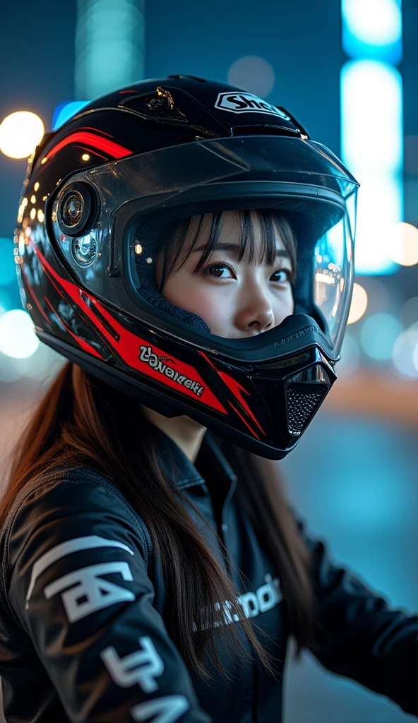 very beautiful Japanese high school girl, about to Ride on a off-road motorcycle, at off-road racing course at night, amazing view of skyscrapers, Jumping high, dramatic scene, masterpiece, (face focus:1.3), clear helmet visor, (beautiful eyes:1), Kawasaki off-road bike, Shoei helmet, (wearing a cyber punk off-road rider's outfits), dynamic angle, acrobatic pose, (showing a beautiful face with smile)