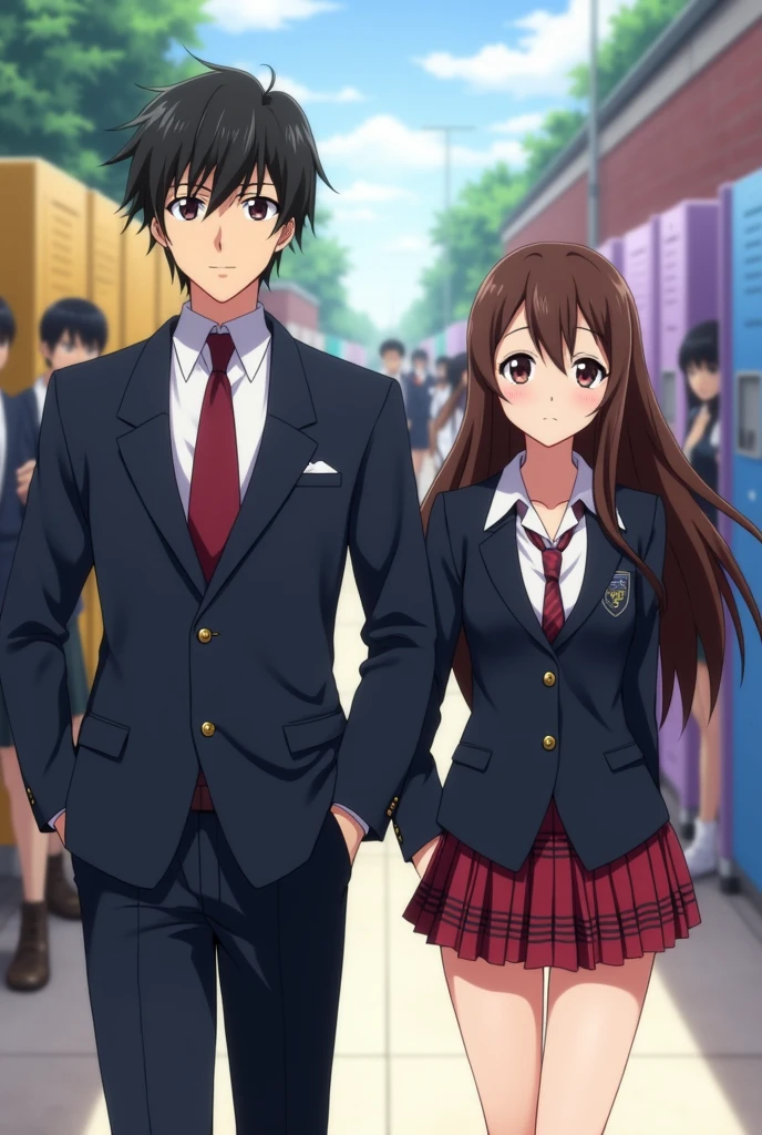 An anime man with black hair and dark maroon eyes and he is wearing a highschool uniform and with him is standing an anime woman with long middle brunette hair and dark brown eyes and she is wearing a highschool uniform and they are standing in a highschool