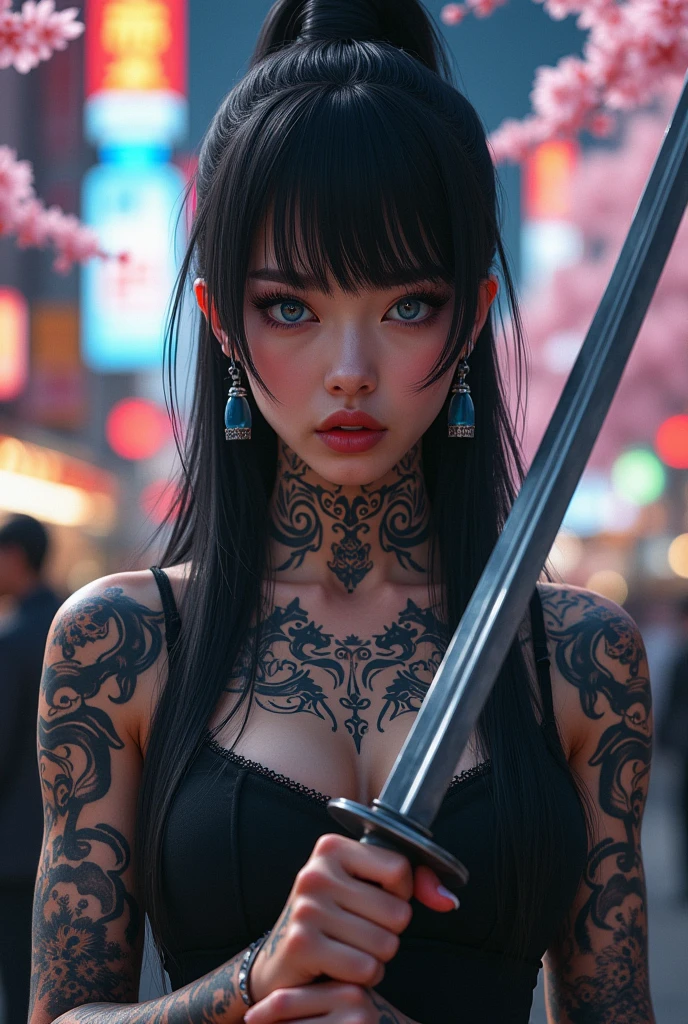 PERFECT MASTERPIECE, EXTREMELY DETAILED CG UNITY 32K UHD QUALITY RESOLUTION WALLPAPER, PHOTOREALISTIC, RAW PHOTO, PERFECT PHOTOGENIC CLARITY, OFFICIAL ART, AWARD-WINNING PORTRAIT, ULTRA HYPER-REALISTIC, ULTRA HYPER-DETAILED, SHINY REALISTIC SKIN, The most beautiful and sexy punk rock geisha, very long black and orange colored hair with ornaments blowing in the wind, vibrant moonlight eyes, long detailed eyelashes, blushing, full pouting pink lips, type, full hips, tons of tattoos and piercings, super huge enormously gigantic tits, cleavage showing, gigantic tits bursting out of her kimono, wearing the most beautiful and highly detailed Harajuku-inspired punk rock style kimono, arching her back in a sexy seductive slutty pose, looking at the viewer, close up pov camera view from below, sexy seductive horny slutty facial expression, cherry blossoms blowing in the wind, futuristic feudal Japan background.