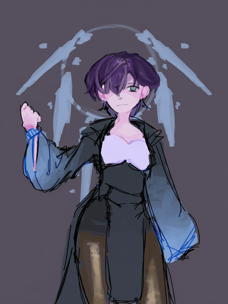 Male. grown pixie cut,purple hair with cold grey eyes.
a diagonal scar crossing his right cheek to the bridge if his nose,his body filled with scars from how many fights he had during her childhood,Has a muscular body.
He wears a big jacket with a fluffy hat.
A sleeveless black turtleneck and plain grey pants.]
a chain dangling from the side of his hips,Cryo vision from Genshin impact attached to the chain.
she wears some silver jewellery.
Broad shoulders, muscular arms and blank stare