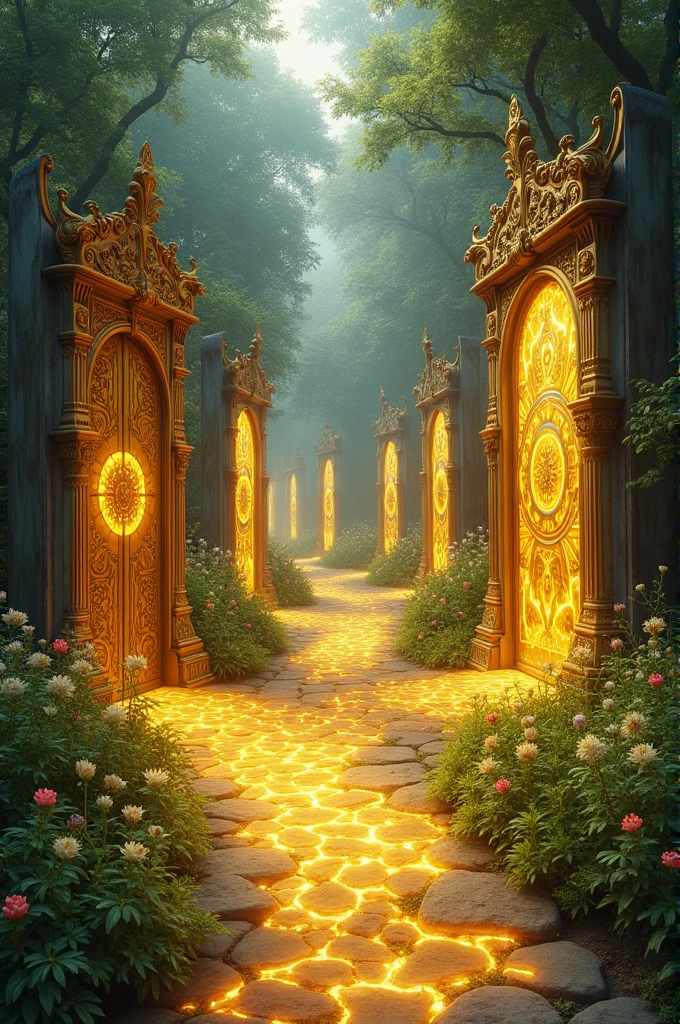 A golden path surrounded by open doors