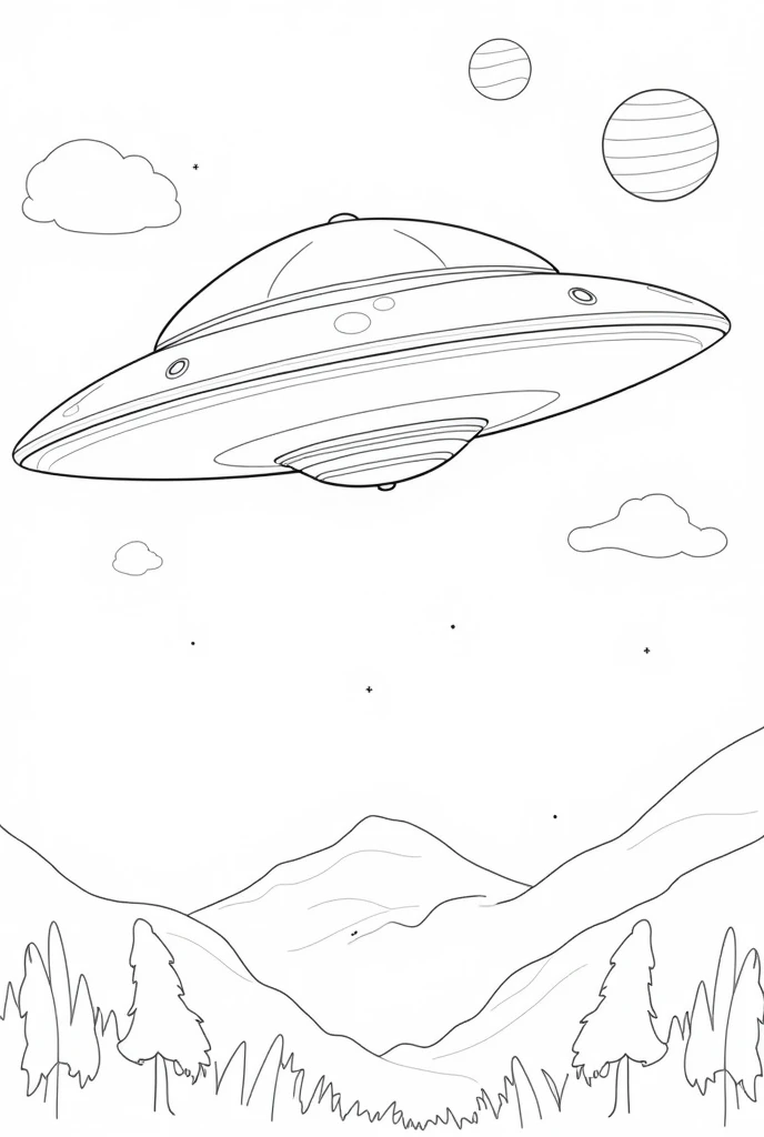 Black and white flying saucer coloring page