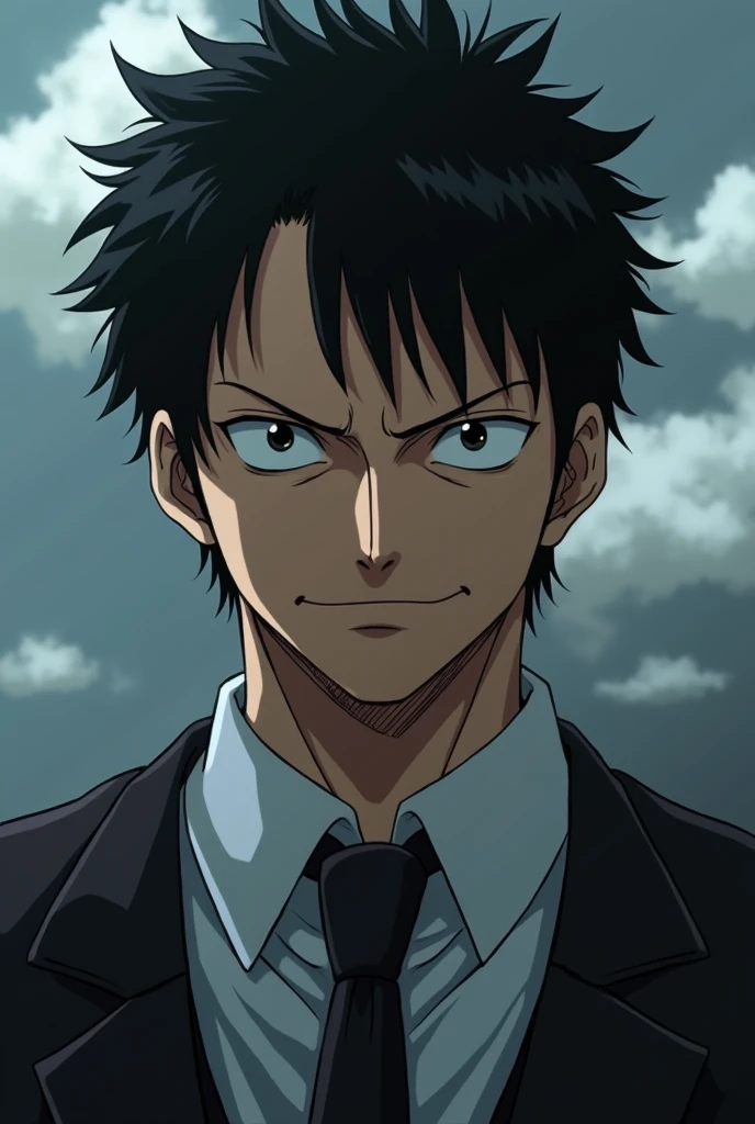 A close-up of the face of the revolutionary Dragon, a character from One Piece。
He has black hair, is wearing a suit, and has a gentle smile.


