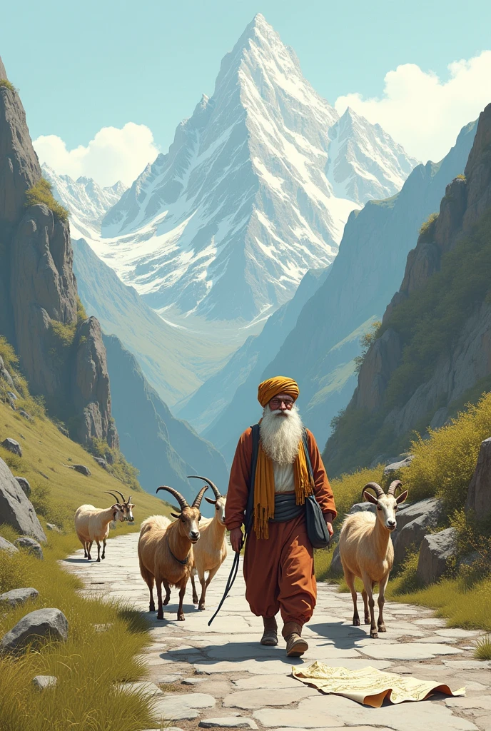 Create a hand-drawn style drawing!!. The scene should show an old man in a turban with a long white beard, walking along a stone road in a mountainous landscape. He is followed by four goats: three big and one small. The little goat is closest to the old man and is about to grab a map that was blown away by the wind with its mouth.. The old man is uninterested, with a calm and inattentive expression. The map, which should look like a thicker piece of paper, It's lying on the ground, near the smaller goat. Ao fundo, show tall mountains to compose the scenery, and include some smooth lines to represent the wind that brought the map to the old man.
