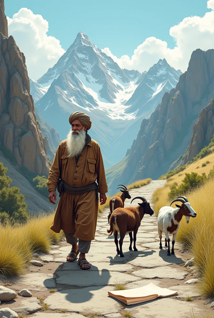 Create a hand-drawn style drawing!!. The scene should show an old man in a turban with a long white beard, walking along a stone road in a mountainous landscape. He is followed by four goats: three big and one small. The little goat is closest to the old man and is about to grab a map that was blown away by the wind with its mouth.. The old man is uninterested, with a calm and inattentive expression. The map, which should look like a thicker piece of paper, It's lying on the ground, near the smaller goat. Ao fundo, show tall mountains to compose the scenery, and include some smooth lines to represent the wind that brought the map to the old man.