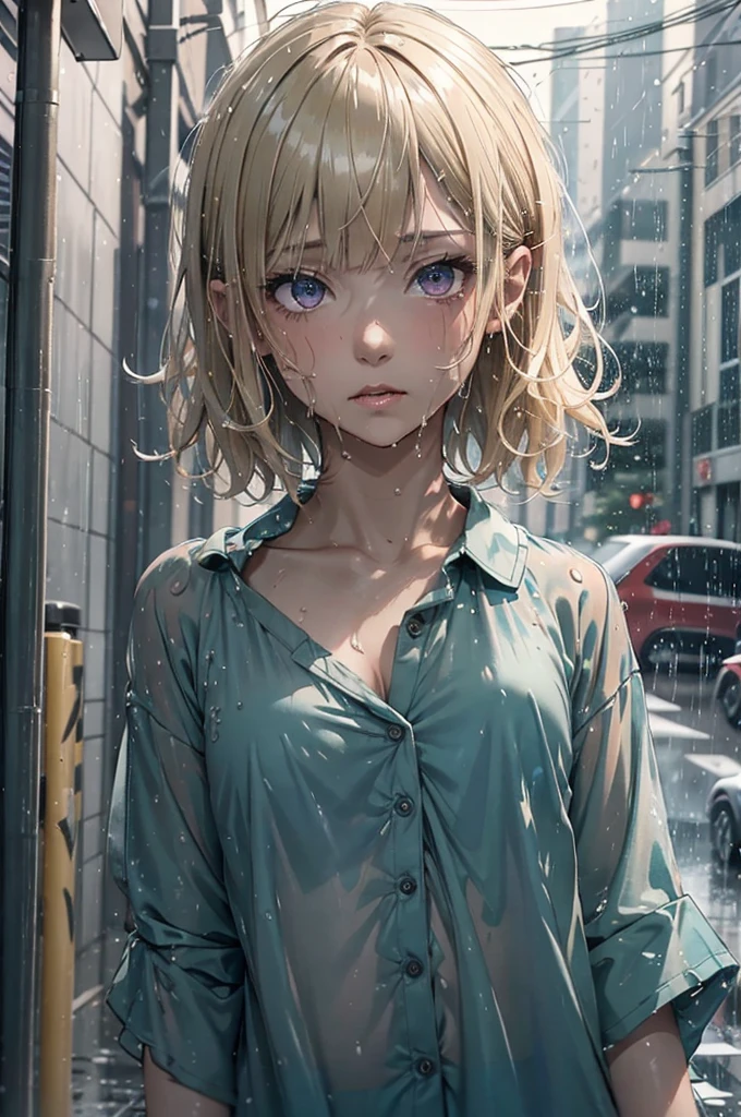 Very short hair, Highly detailed, extreme detail, amazing art), Raning, heavy rain, dark, midnight, 1girl, soaking wet drenched, wearing nothing but a pyjama shirt, shirt caramel-blonde hair, gorgeous purple eyes, depressed, soaking wet hair, hair sticking to her face, heavy rain, thunderstorm, teal pyjama top, naked, petit chest, very short hair, buttoned up pyjama top, bare legs, no underwear, very dark night time, black sky, only source of light is a single amber street light, no light, dark background,