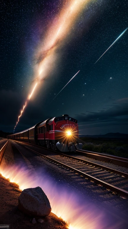 Fantasy，8k,Extremely detailed, masterpiece,High resolution,Highest quality,Increase the resolution,Cinema Lighting,Galaxy Express 999，steampunk，steam locomotive，Maneuvering with Ether，30-car train，Running on a transparent bridge、Rails leading to space、Run through the space zone，Numerous stars，Many Galaxies，Milky Way，Cruising at the speed of light，Seeing the Earth in the distance，Lightning-fast super express，Going to Andromeda，Wide angle of view