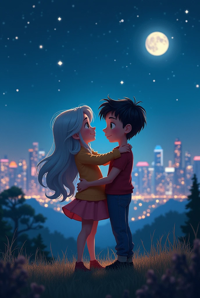 anime character, 1 girl, 1 boy, brother and sister, hugging, looking in the eyes, standing on a hill with a city view, at night