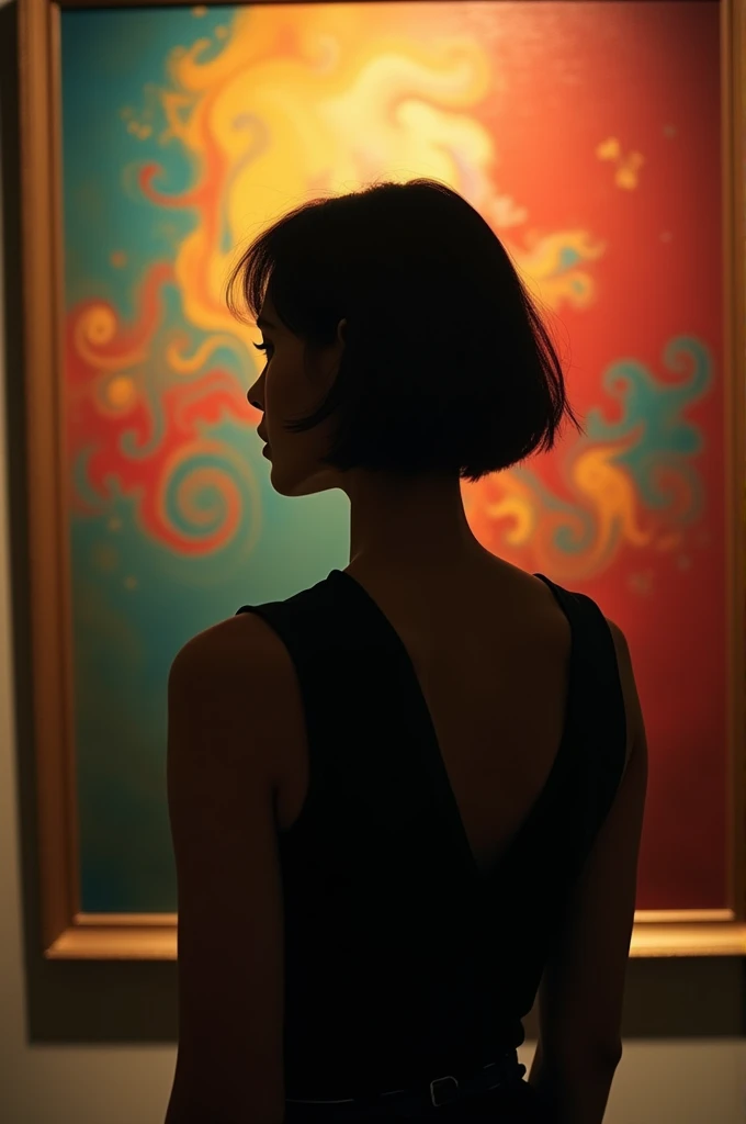 Create a cover for a song with a woman dressed in black and short hair looking at a painting