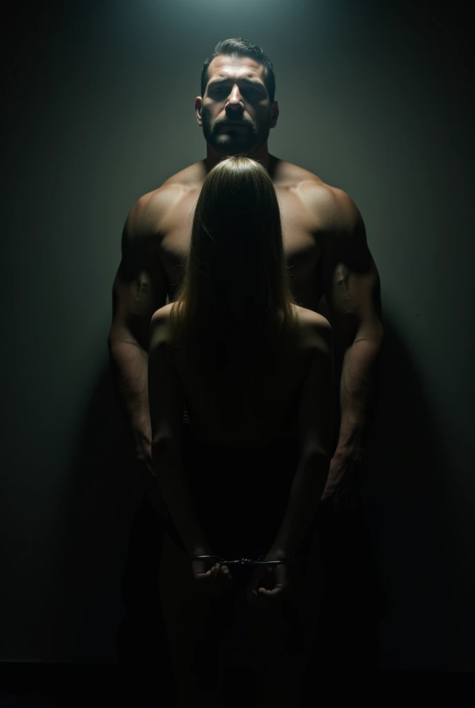couple dark and strong man, woman with her back to him, submissive and handcuffed hands