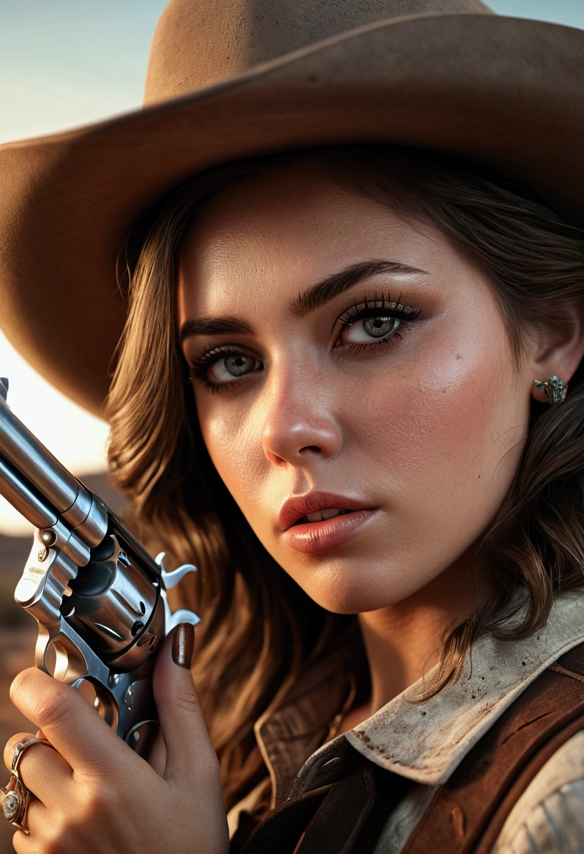 beautiful detailed eyes, beautiful detailed lips, extremely detailed eyes and face, longeyelashes, 1girl, cowgirl, cowboy clothes, holding revolver, wild west town, abandoned town, desert landscape, dramatic lighting, dusky tones, cinematic composition, photorealistic, (best quality,4k,8k,highres,masterpiece:1.2),ultra-detailed,(realistic,photorealistic,photo-realistic:1.37),HDR,studio lighting,physically-based rendering,extreme detail description,professional,vivid colors,cinematic