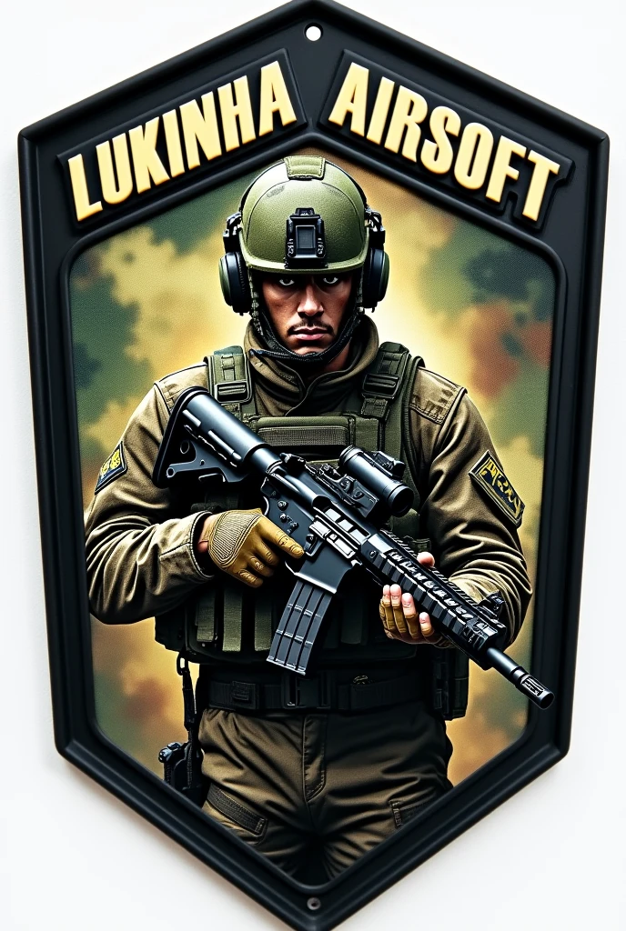 Hexagonal rubber patch , Airsoft crest , with the name Lukinha airsoft using m4 rifle weapon , Camouflage background , operator