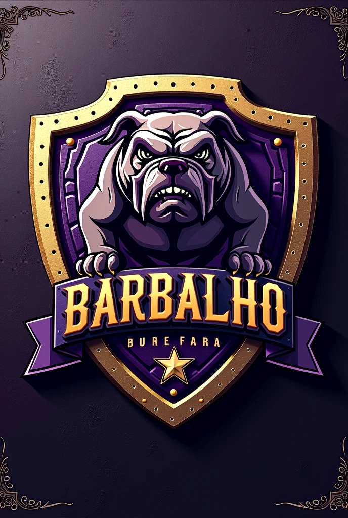 Create a shield for a football team called Barbalho in Portuguese, purple and gold colors, bulldog