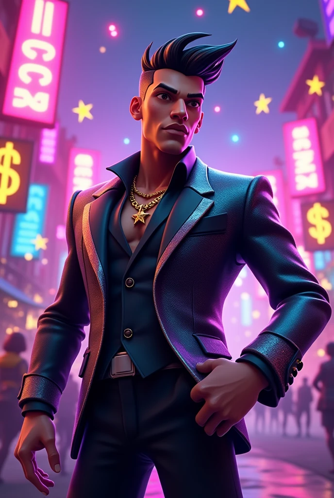 Silvio Santos in the style of Fortnite skin, de terno preto