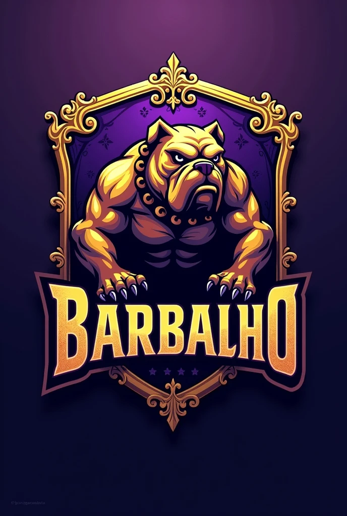 Create a shield for a football team called Barbalho in Portuguese, purple and gold colors, bulldog