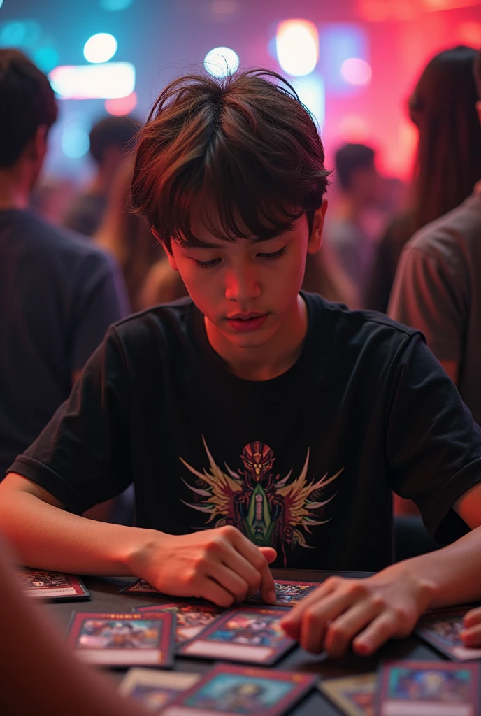 Teenager playing Yugioh cards in a crowded room. The teenager has a T-shirt with the image of Exodia The magnificent. portrait, cinematic lighting, dramatic lighting, warm color tones, dramatic colors