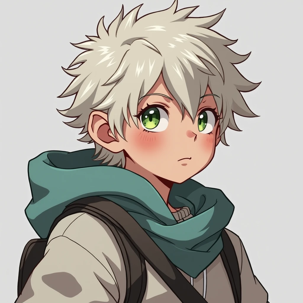 all-body, bionde, Athletic, adolescente Halfling, green colored eyes, blue scarf, white sweatshirt with green hood , Black boots, handbag, アニメ, 4K, epic