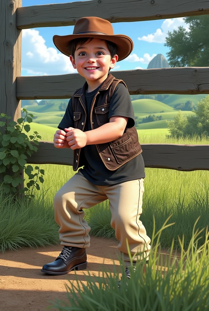  2 years old fair skinned, looking directly, wearing a black shirt, beige pants, cowboy vest and hat, with happy expression and country landscape background in Disney Pixar 3D style, high qualiy 