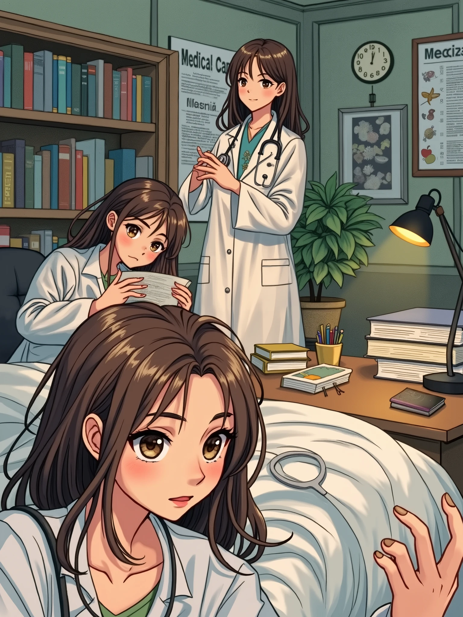 Can you create an image for me where two girls appear with the same physical features as the girl in the photo, only one is dressed as a doctor and the other is studying?