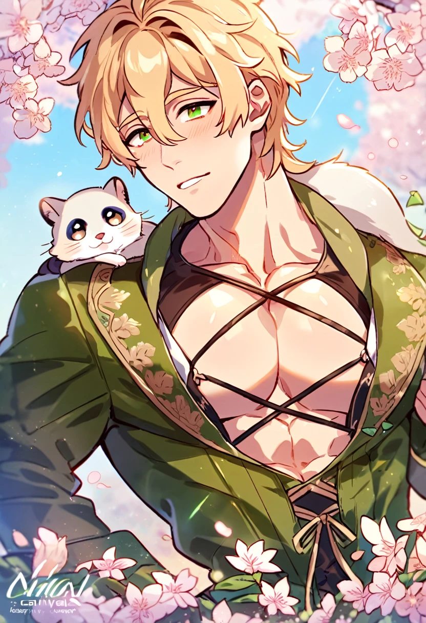 absurdres, highres, ultra detailed, HDR, master piece, best quality, extremely detailed, detailed eyes, Quincy, blonde hair, messy hair, hair between the eyes, expressive amber eyes, Nu Carnival, solo, sexy man, manly man, horny, lewd, handsome, fantasy, dark brown shirt with lacing exposing his chest, green jacket, spring, flowers, green leaves, magical forest, dark fantasy, blue sky, white cute small ferret on his shoulder 