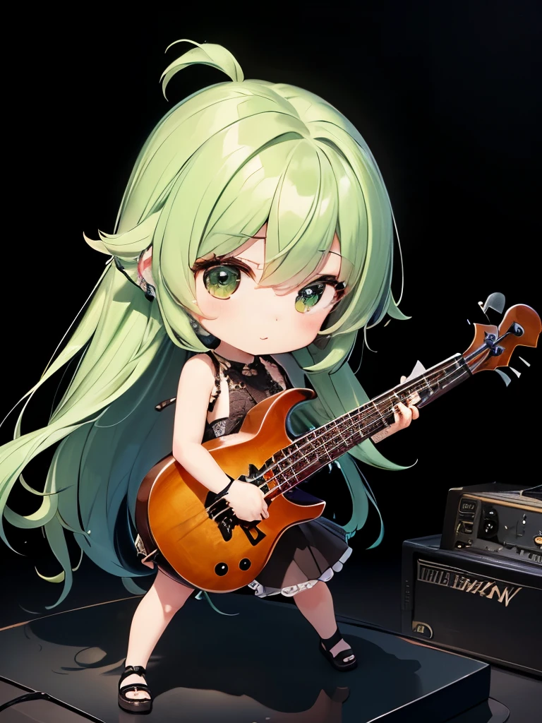 (((Metal Band)))、The view from the live house、Green-haired chibi character、Green hair and long hair、A small character playing while standing on both feet、A beautiful depiction using tens of thousands of colors、masterpiece、Ultra HD、super high quality、8k、(((A chibi character playing a 4-string bass)))、(((Delicate 4-string bass)))