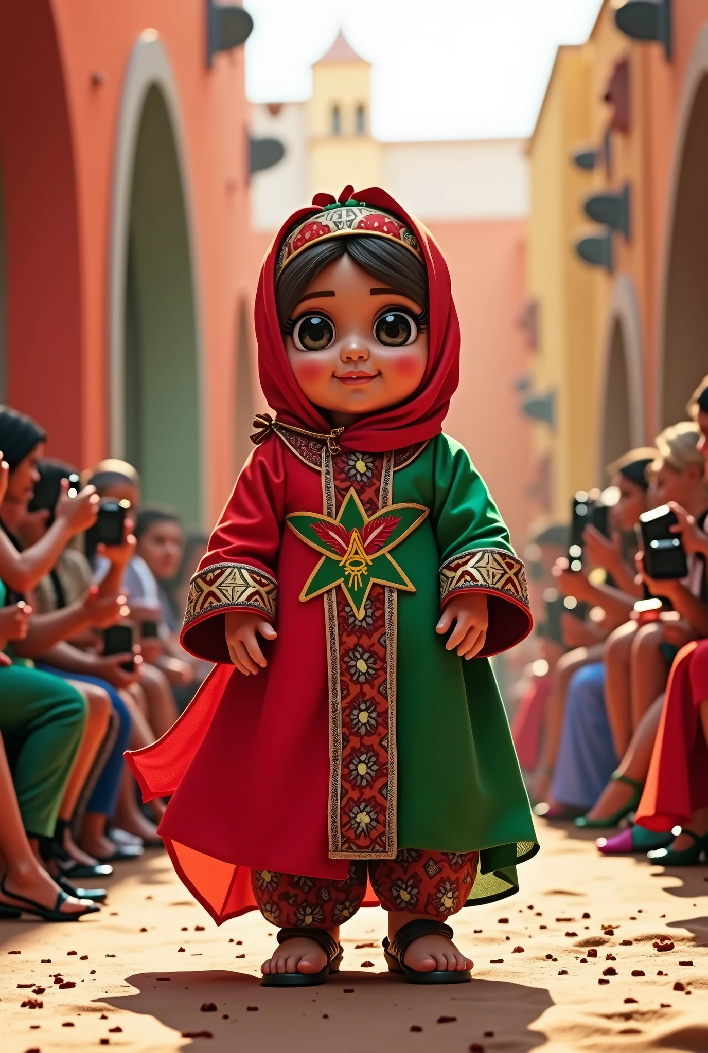 Cute Morocco flag emoji wearing traditional Berber costume and traditional hat in a realistic full body fashion show