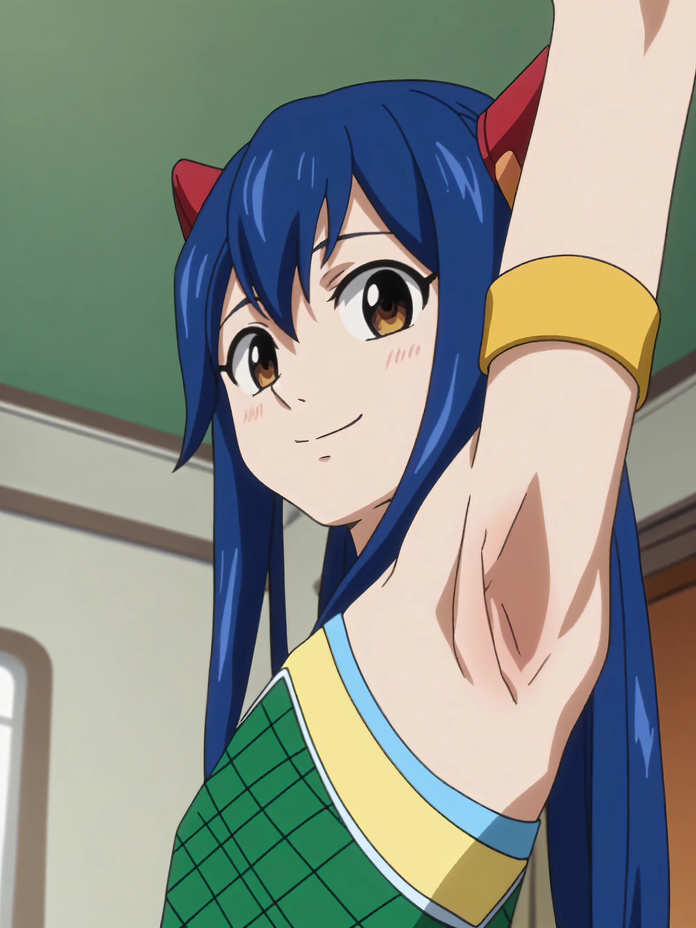 score_9, score_8_up, score_7_up, source_anime, anime screencap, indoors, 1girl, solo, Wendy Marvell, Wendy's dragon dress, twin tails, bare armlets, shoulders, bare arms, (looking at viewer, eye contact with viewer:1.1), smile, (blush:1.1), closed mouth, sleeveless, bare shoulders, arm up, raised arm, armpit, from side, from below, armpit up close, close-up of armpit 