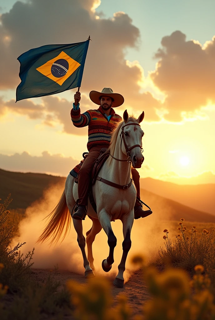 A 20-year-old gaucho riding a horse with the flag of Rio Grande do Sul