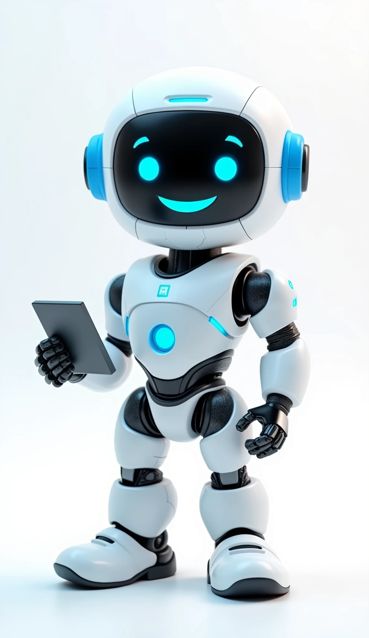 white and blue smiling friendly cute nerdy robot 3d character, one hand holding a keyboard, the other hand on the waist, standing in front of a white background
