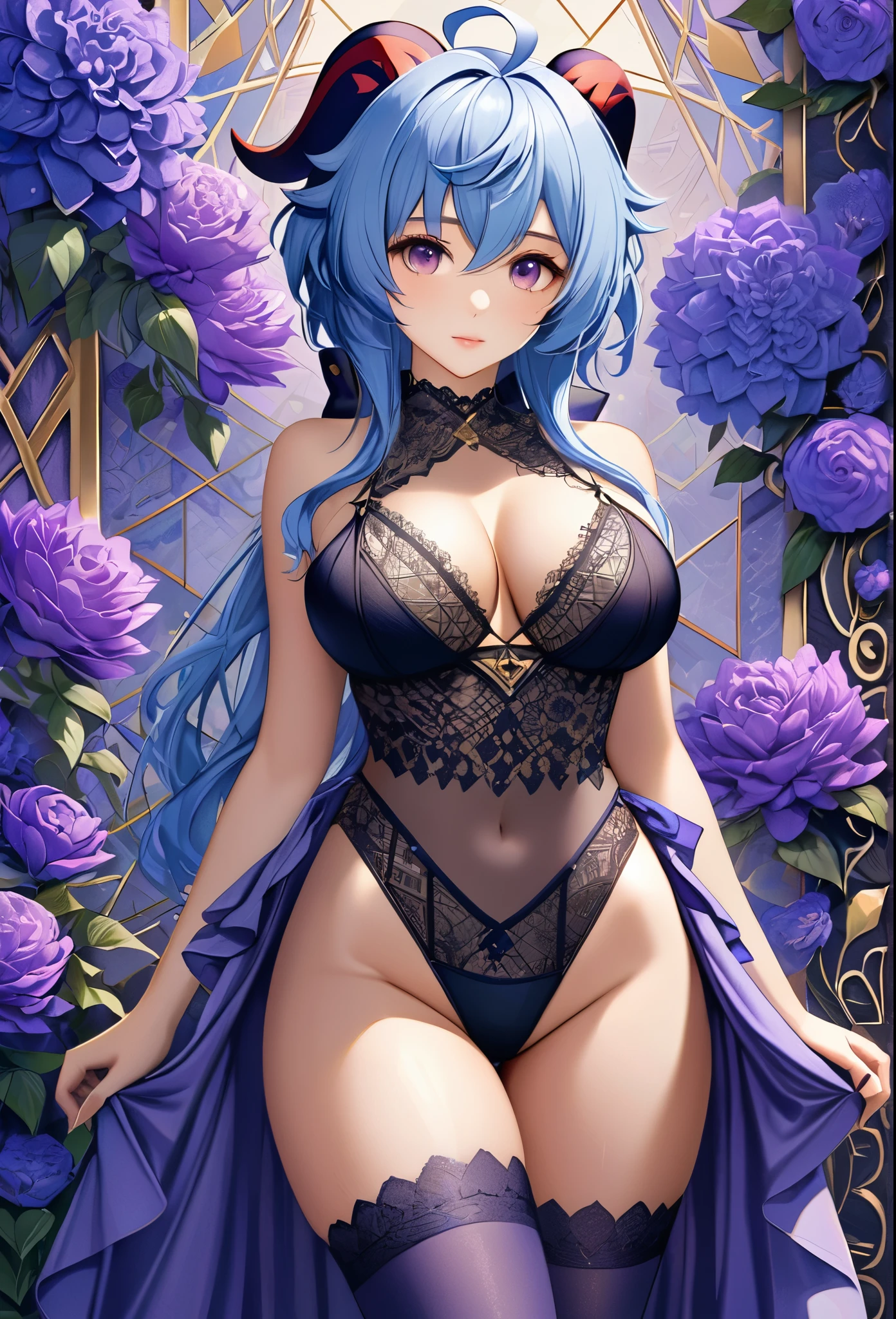 Ganyu, blue hair, purple eyes, genshin impact, absurdres, highres, ultra detailed, ultra-detailed background, detailed background, extremly detailed, 1girl,bunch of flowers, (zentangle:1.2), (geometric:1.2), purple and gold color palette, monochromatic gold and purple, big breasts, cleavage, sideboob, lingerie, realistic depiction, portrait, close up, straight on, standing, contrapposto, thick thighs, thigh highs,