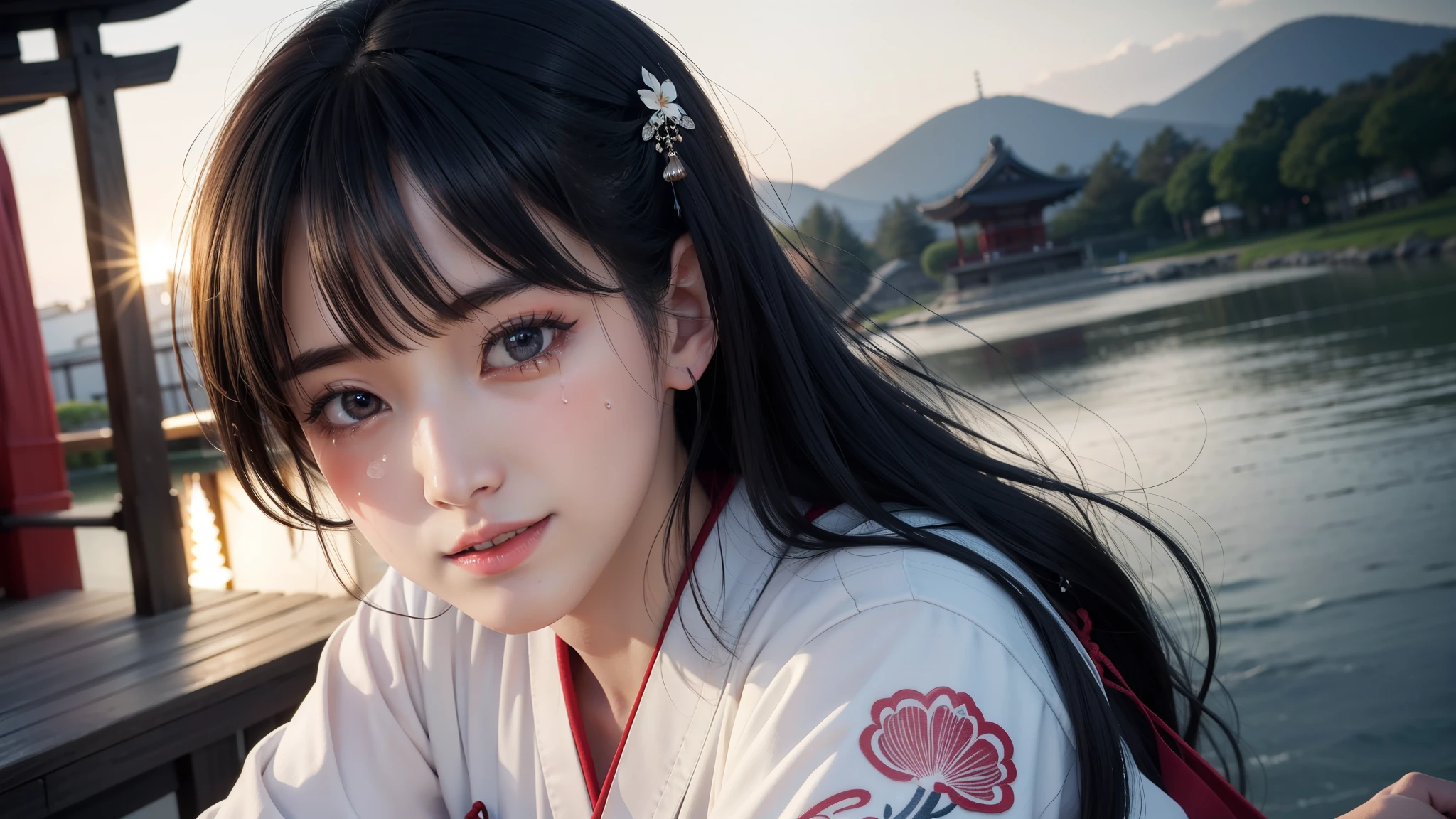 With open arms, Cute crying face, Laughs and Tears, 最high quality、high quality、Best image quality、8k、最High resolution、High resolution、temple, Realistic photos, Healthy body, Beautiful Eyes, Flowing black hair, Colorful kimono, Calm expression, Soft lighting, Traditional Japanese art style, Vibrant colors, Peaceful atmosphere, Delicate features, Graceful posture, Beautiful Landscape