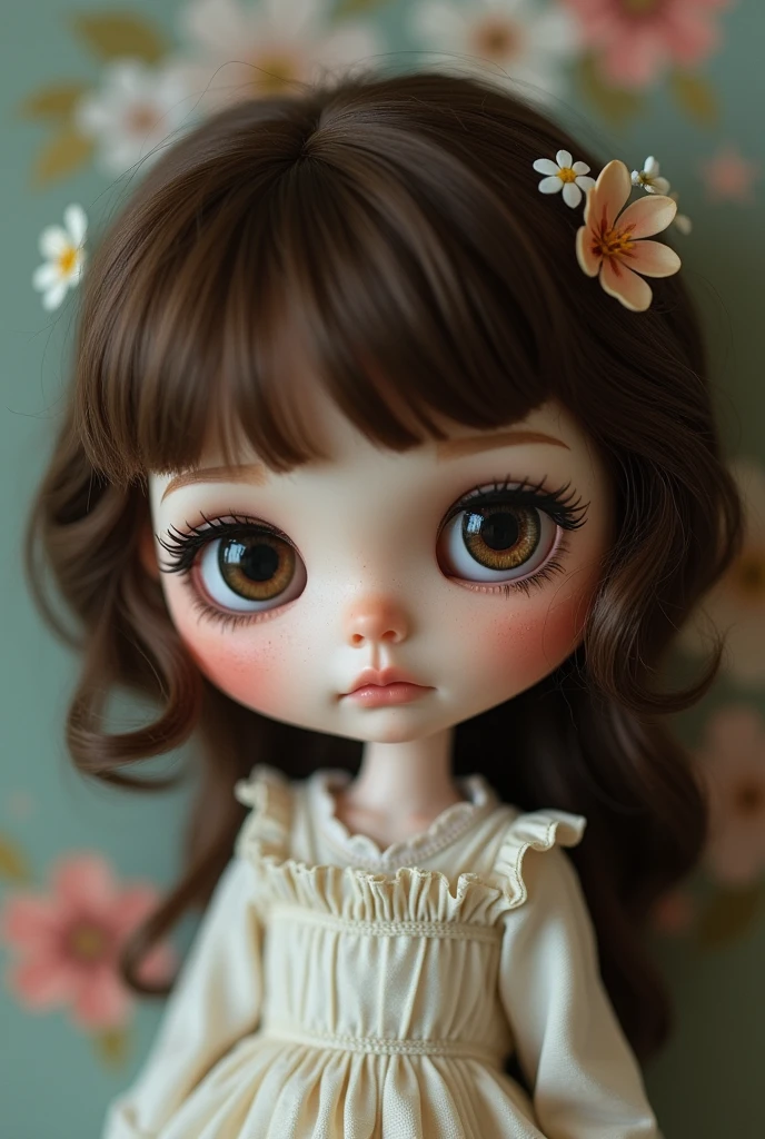 Create a blythe doll with pale skin, dark brown eyes, brown wavy hair with short bangs and short shoulder length, large eyelashes and a sad expression on her face