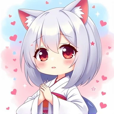 One Woman,Gray Hair,Cat ear,((Chibi Character)) Heterochromia iridis,Eye color,red,White kimono,Star Iris Background(Heart Background,Lots of hearts,pink,Watercolor style) Crying face,Enter your text in the bottom right corner of the fantasy image,A very popular font,