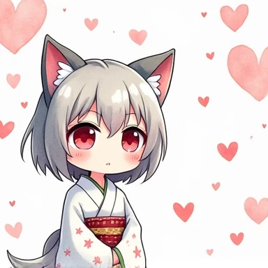 One Woman,Gray Hair,Cat ear,((Chibi Character)) Heterochromia iridis,Eye color,red,White kimono,Star Iris Background(Heart Background,Lots of hearts,pink,Watercolor style) Crying face,Enter your text in the bottom right corner of the fantasy image,A very popular font,