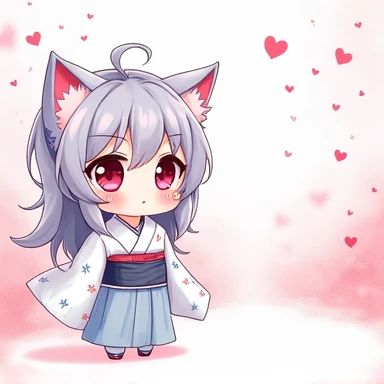 One Woman,Gray Hair,Cat ear,((Chibi Character)) Heterochromia iridis,Eye color,red,White kimono,Star Iris Background(Heart Background,Lots of hearts,pink,Watercolor style) Crying face,Enter your text in the bottom right corner of the fantasy image,A very popular font,