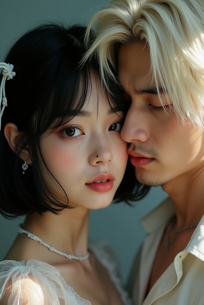 white, slim, with medium black hair, smooth ass, Ties in the hair, round, dark brown eyes, small mole on forehead, hugging a tall, offwhite, Asian, stark, long, slightly wavy hair, black feline eyes with a mole under the eye