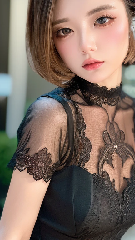 digital portrait、realistic depiction of the human body、RAW photo、one girl、gentle gray eyes、plump lips、An ennui look、small breasts、shortcut、(((Elegant black lace-like line dress、Dense and artistic lace black line dress、beautiful dress、super luxury dress)))、highest quality、super resolution、master piece:1.5、medium depth of field、50mmlens、cinematic lighting、Backlight、professional photographer、