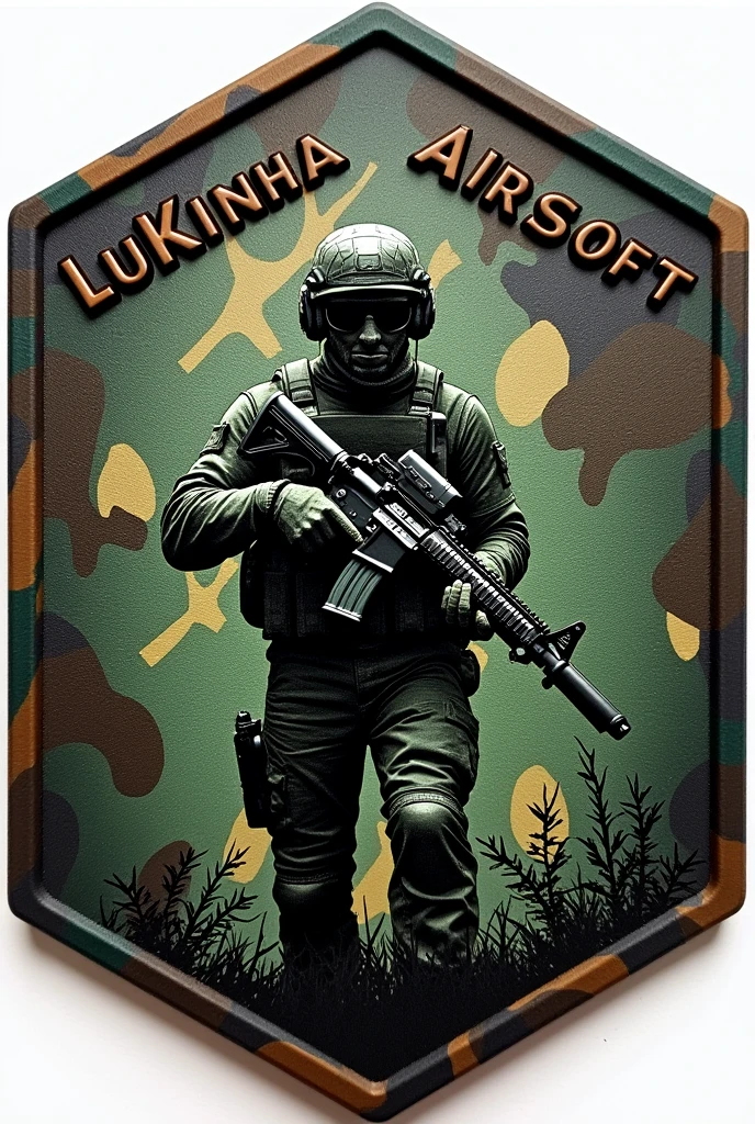 Hexagonal rubber patch , Airsoft crest , with the name Lukinha airsoft using m4 rifle weapon , Camouflage background, operador Airsoft