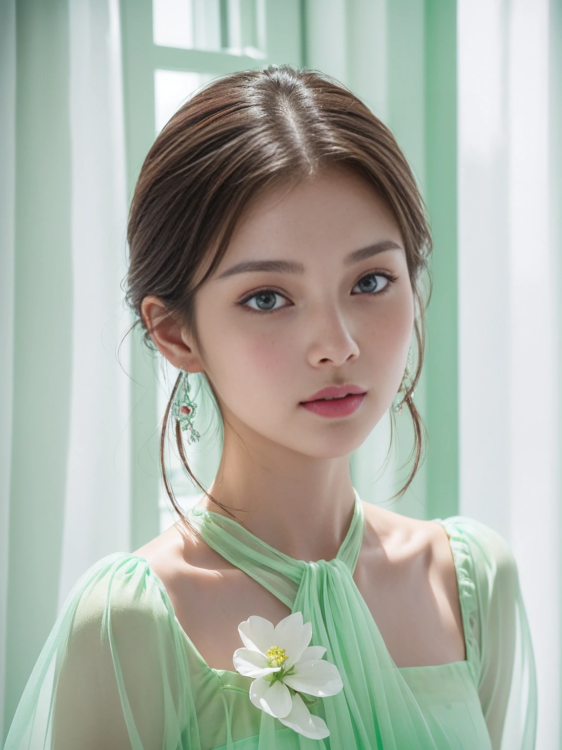 (((A bright and stylish room、window、flower、green)))、(((High Key Portrait 2.0)))Professional Lighting、(((Professional Lighting 1.5)))、Translucent skin texture、Beautiful Skin、Beautiful Skin、Glowing Skin、(((Whitening 1.5)))、、、音符のEcstasy、(((Mint green dress 1.5)))、Profile 1.4、See through。very good、Mid-shot photo、Simple Earrings、((Brown Hair))、((Medium Hair))、Tie your hair up、Sex Appeal、Sex Appeal、Ecstasy、(((Mid-shot photo1.5))、(((1.85)))、Transparent photos、Graceful and beautiful woman、